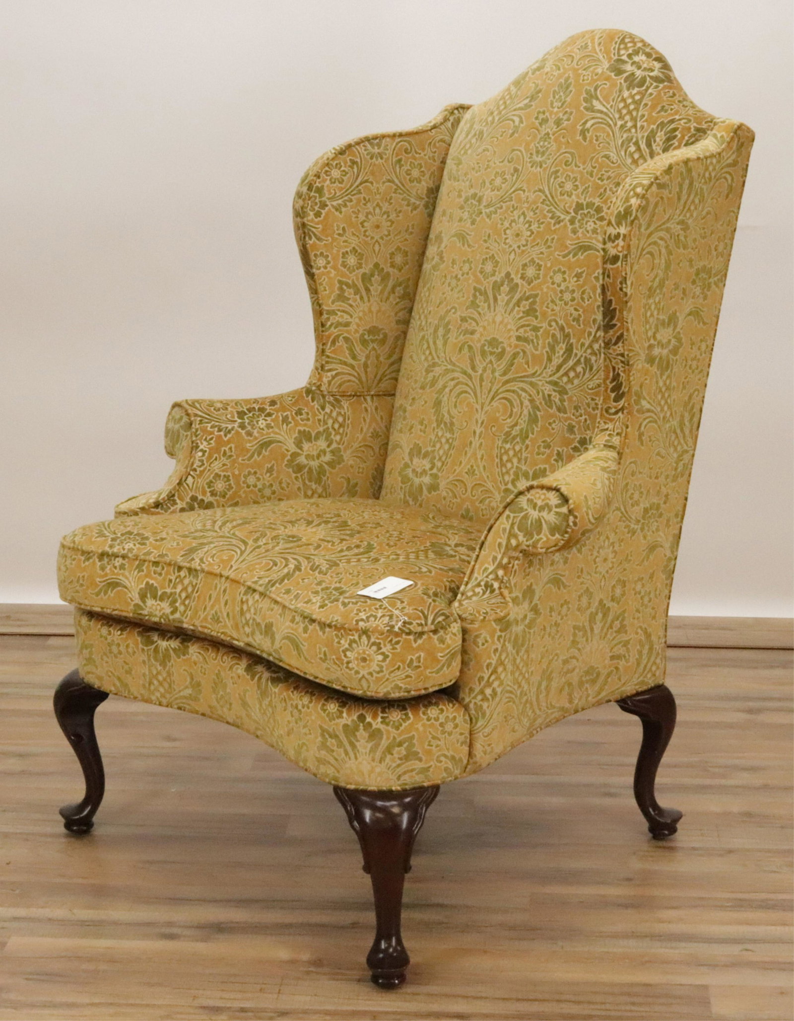 Southwood Furniture Queen Anne Style Wing Chair: Southwood Furniture Queen Anne Style Upholstered Wing ChairNote; this lot is being reoffered due to fraudulent bidder Alexander Furman & Theresa Gibbons, DBA Salisbury & Manus, Bronxville, NY. Dimensi
