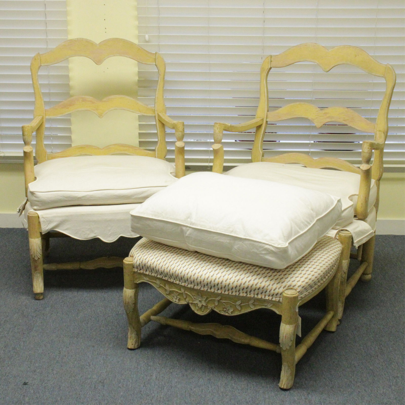 Pair Country French Painted Fauteuils, Ottoman (1 of 8)