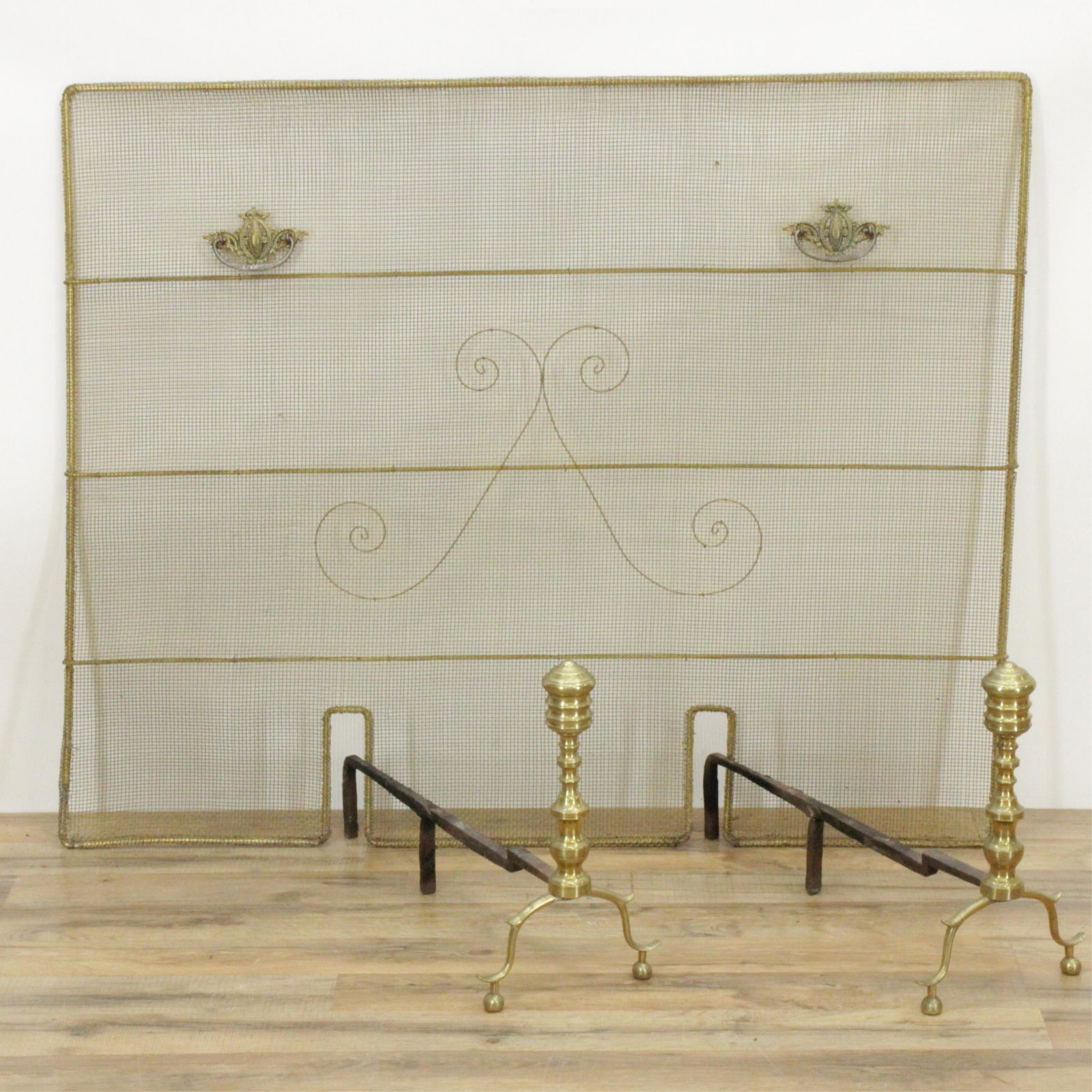 Federal Brass Andirons; Brass Fireplace Screen (1 of 3)