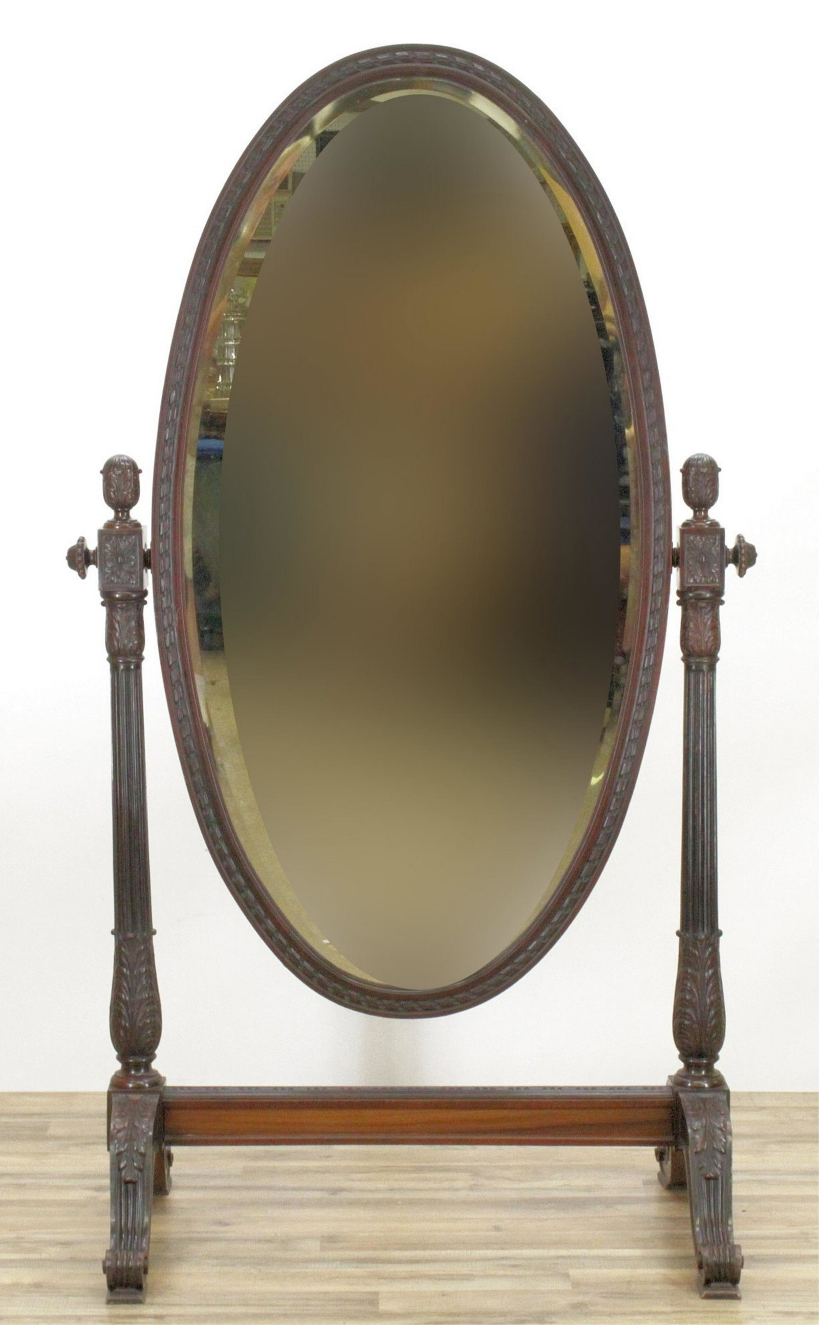 George III Style Carved Wooden Cheval Mirror: George III Style Carved Wooden Cheval Beveled Mirror Dimensions: 65 x 40 x 24 Property from a Washington, CT home (MGRA125)(MM)