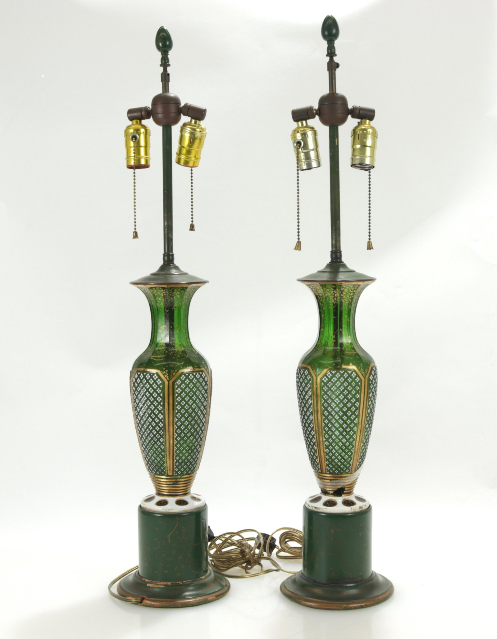 Pair Bohemian Gilt Green Glass Lamps: Pair Bohemian Gilt Green Glass Lamps Dimensions: To the finial 30 1/4" H Property from a Sister Parish Decorated Long Island Estate (MANA240/2)(MS)