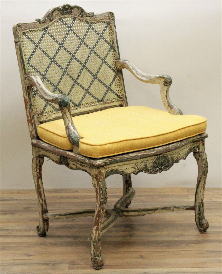 Regence White & Green Painted Fauteuil, E 19th C. (1 of 7)