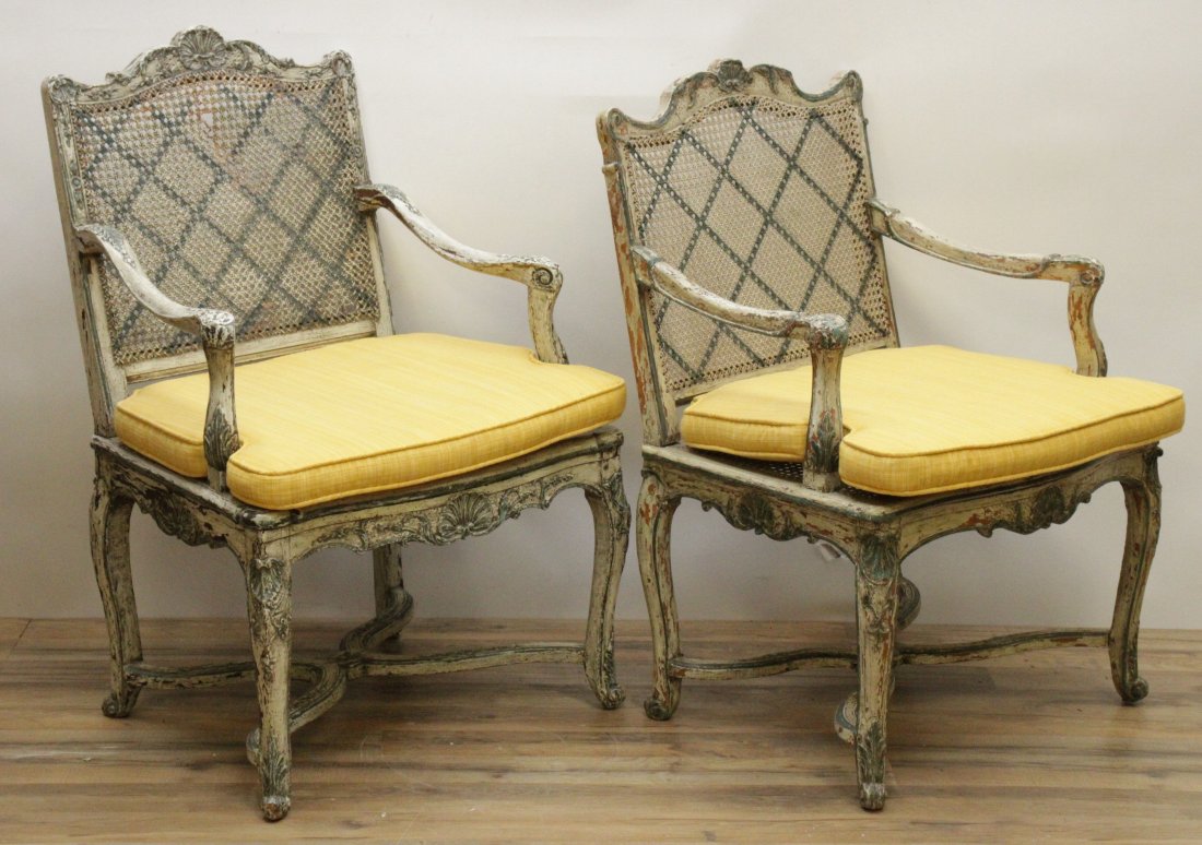 Near Pair Regence White & Green Fauteuils, E 18th C: Near matched pair Regence White & Green Painted Fauteuils, Early 18th C. Dimensions: 38" H x 26" W x 24" D Property from a Sister Parish Decorated Long Island Estate (MANA221/2)(MS)