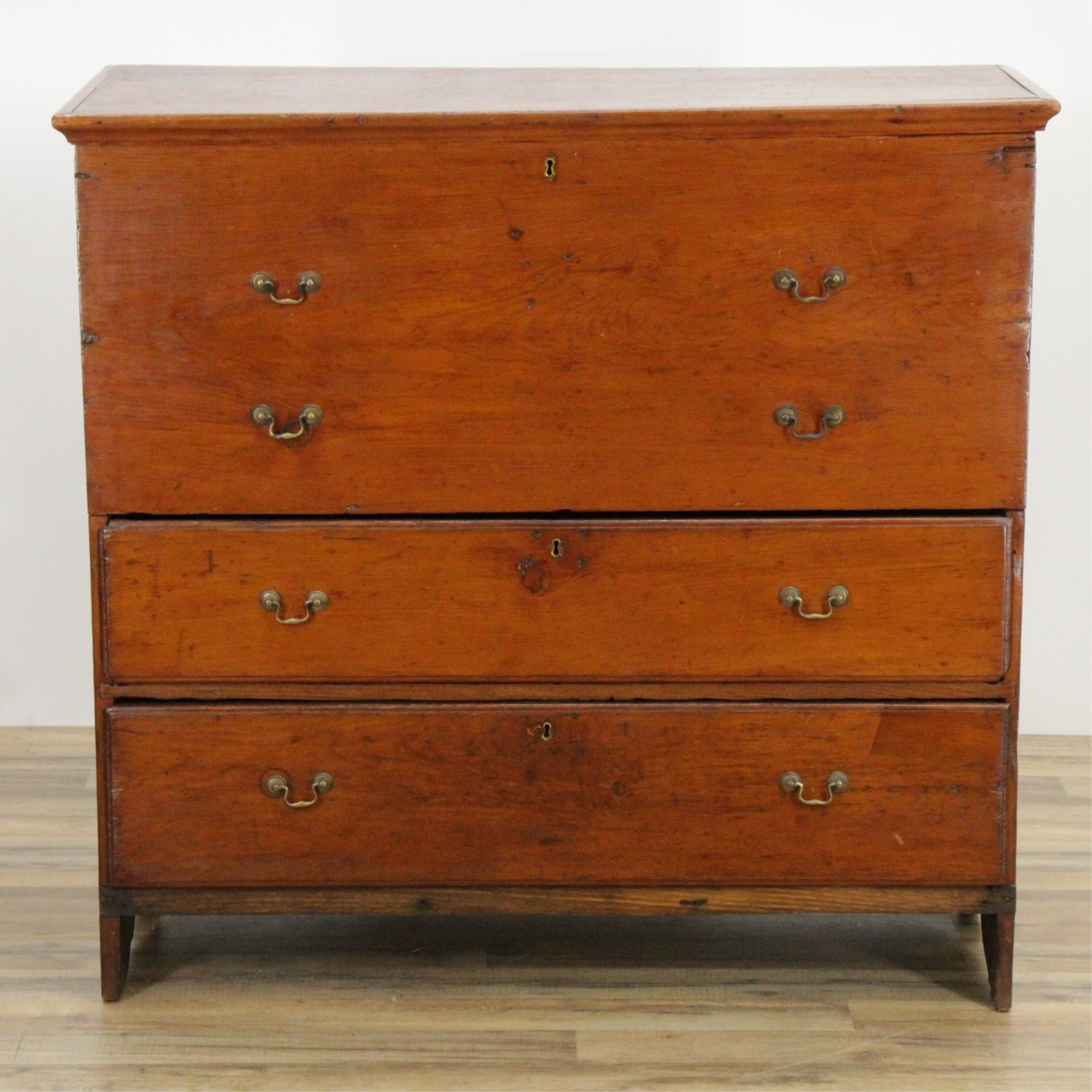 19C Chestnut and Pine Lift Top Blanket Chest: Two drawer. Reddish-brown coloring lightly varnished refinish. Dimensions: 41.25"W x 39.5H x 18D (DESC160)(JP)