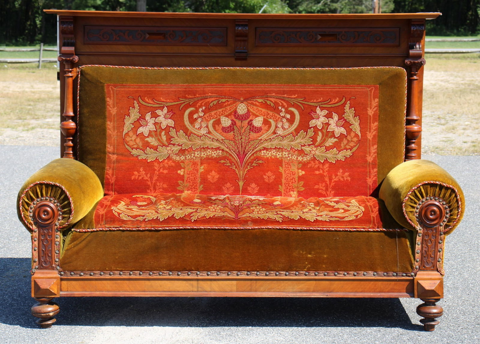 American Victorian Wood Upholstered Sofa (1 of 8)