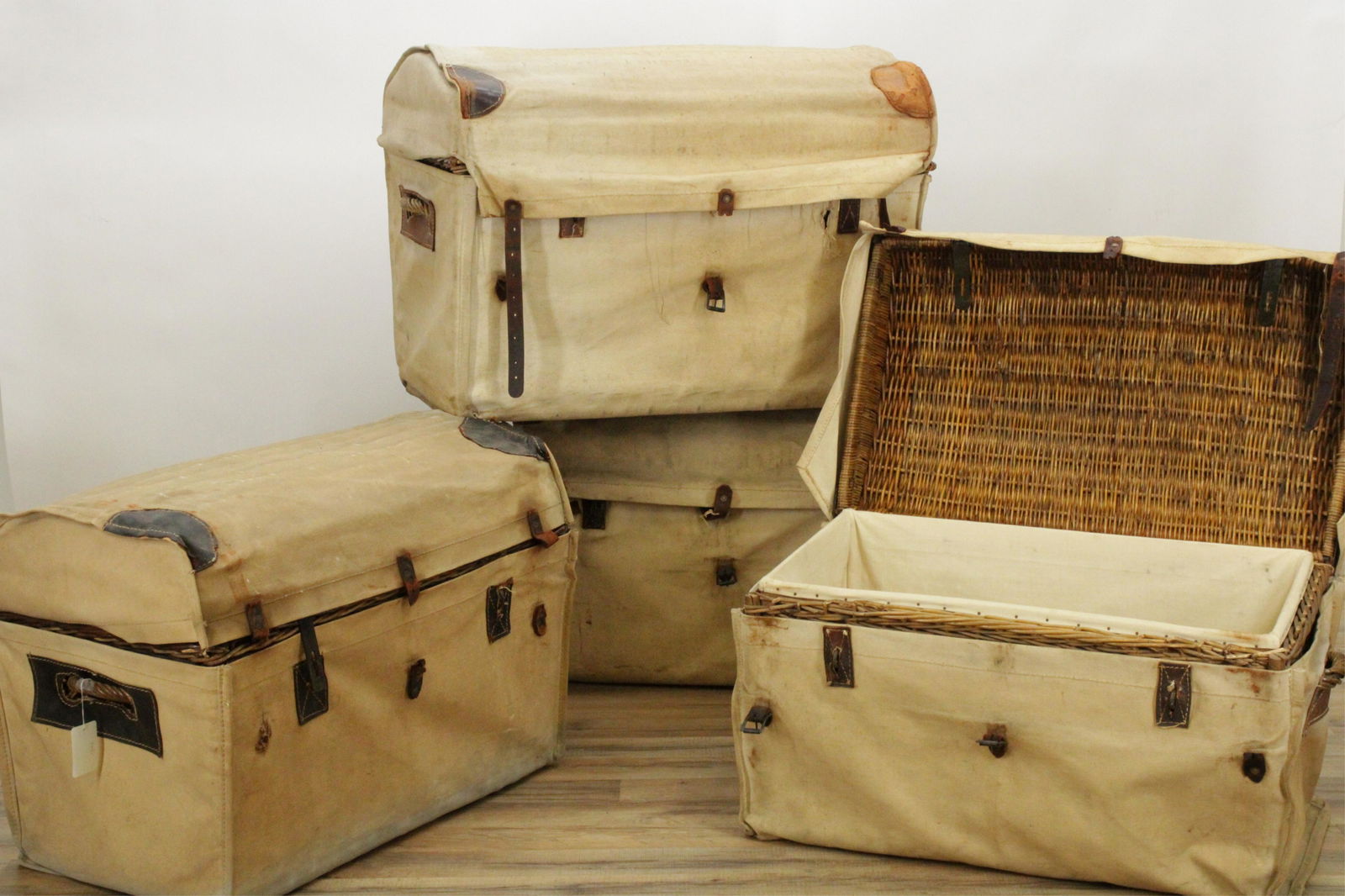 4 Canvas Wrapped Wicker Trunks, 19th/20th C. (1 of 5)