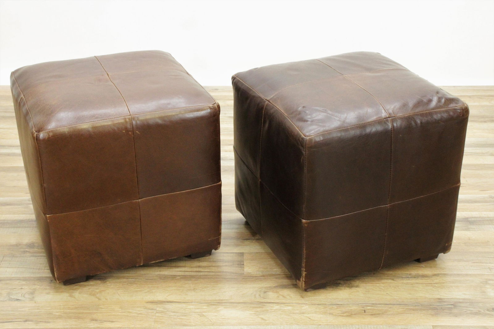 Mitchell Gold Stitched Brown Leather Stools (1 of 4)