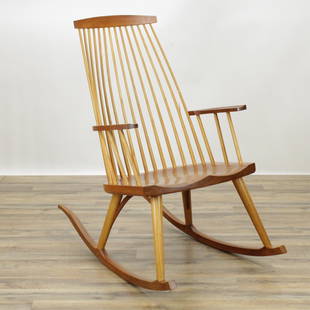 Thomas Moser Cherry Rocking Chair: Thomas Moser Cherry Rocking Chair, signed Thos. Moser Cabinetmakers Auburn, Maine, 1988, Cindy L. Bowie Dimensions: 39" H x 23" W x 39" D Property from a Private Katonah Estate (KATO4)(MS)