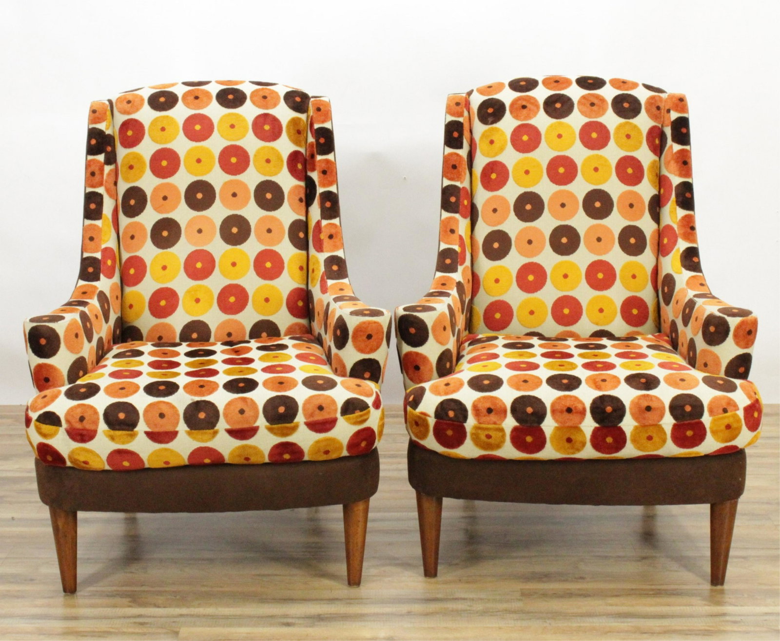Pair Contemporary Upholstered Walnut Armchairs: Pair Contemporary Upholstered Walnut Armchairs, in modular cut velvet Dimensions: (MGOU215/2)(MS)