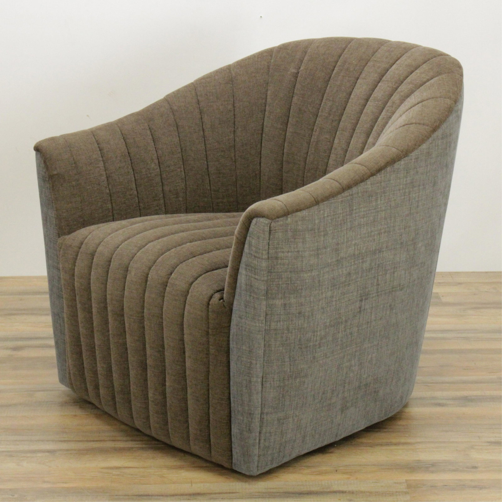 Contemporary Upholstered Swivel Armchair: Contemporary Upholstered Swivel Armchair, in brown chenille Dimensions: 1 1/2" H x 31 1/2" W x 32" D (NN212)(MS)