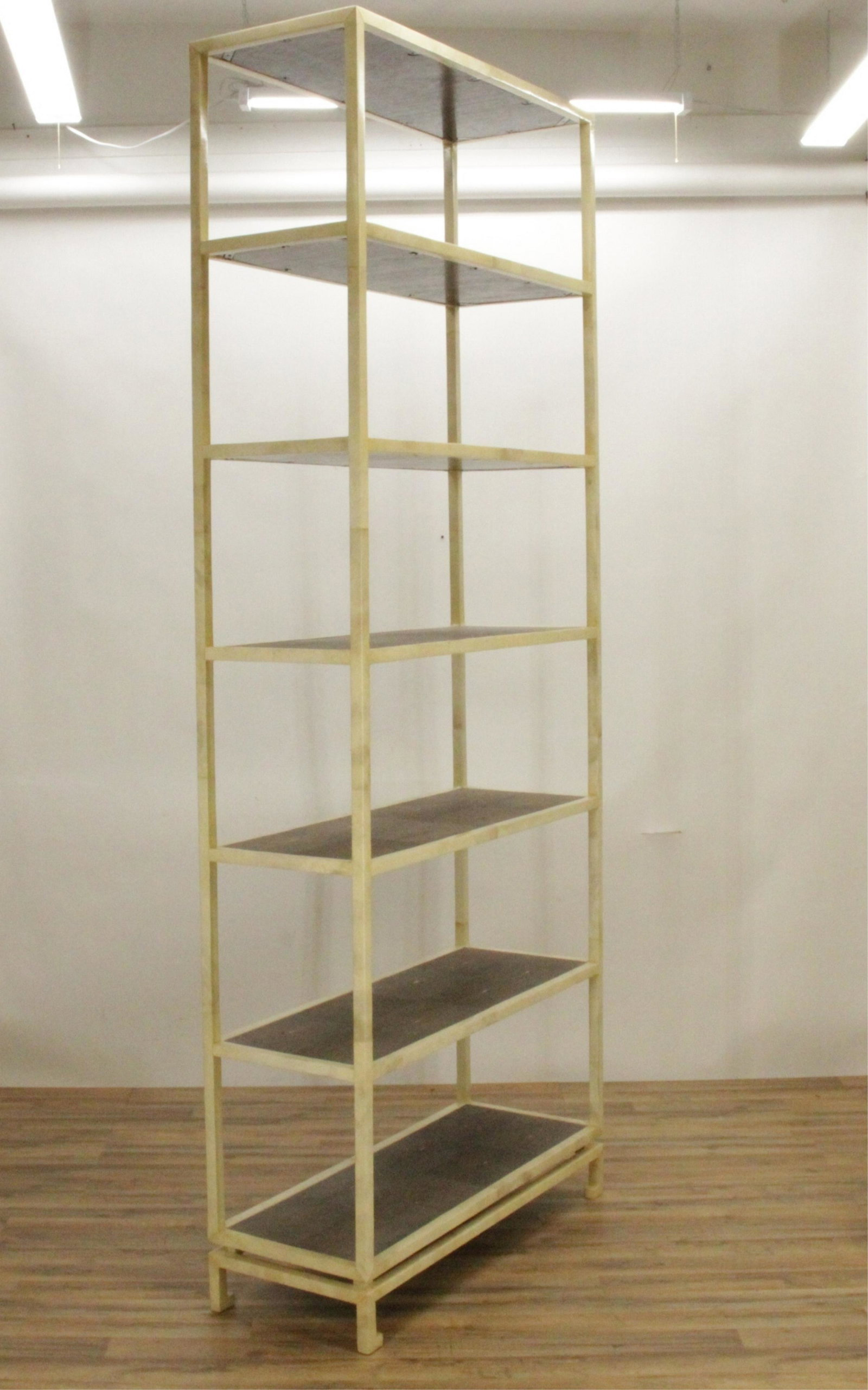 Massive Goatskin and Shagreen Etagere: A massive etagere with applied goatskin over metal frame and shagreen shelves. Dimensions: 42" W x 105" H x 16" D (DWIN308)(NN)