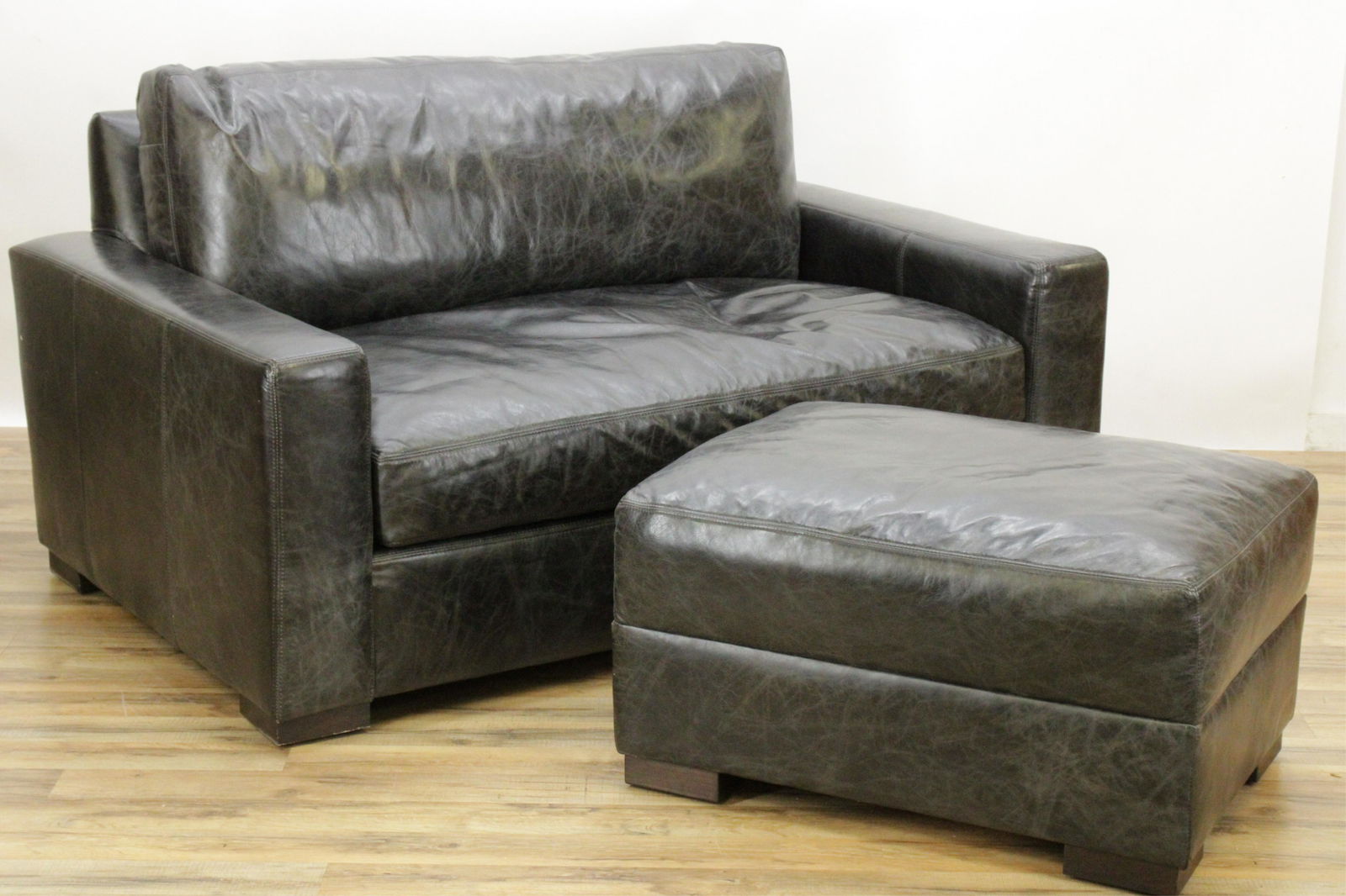 Restoration Hardware Black Leather Sofa & Ottoman (1 of 5)