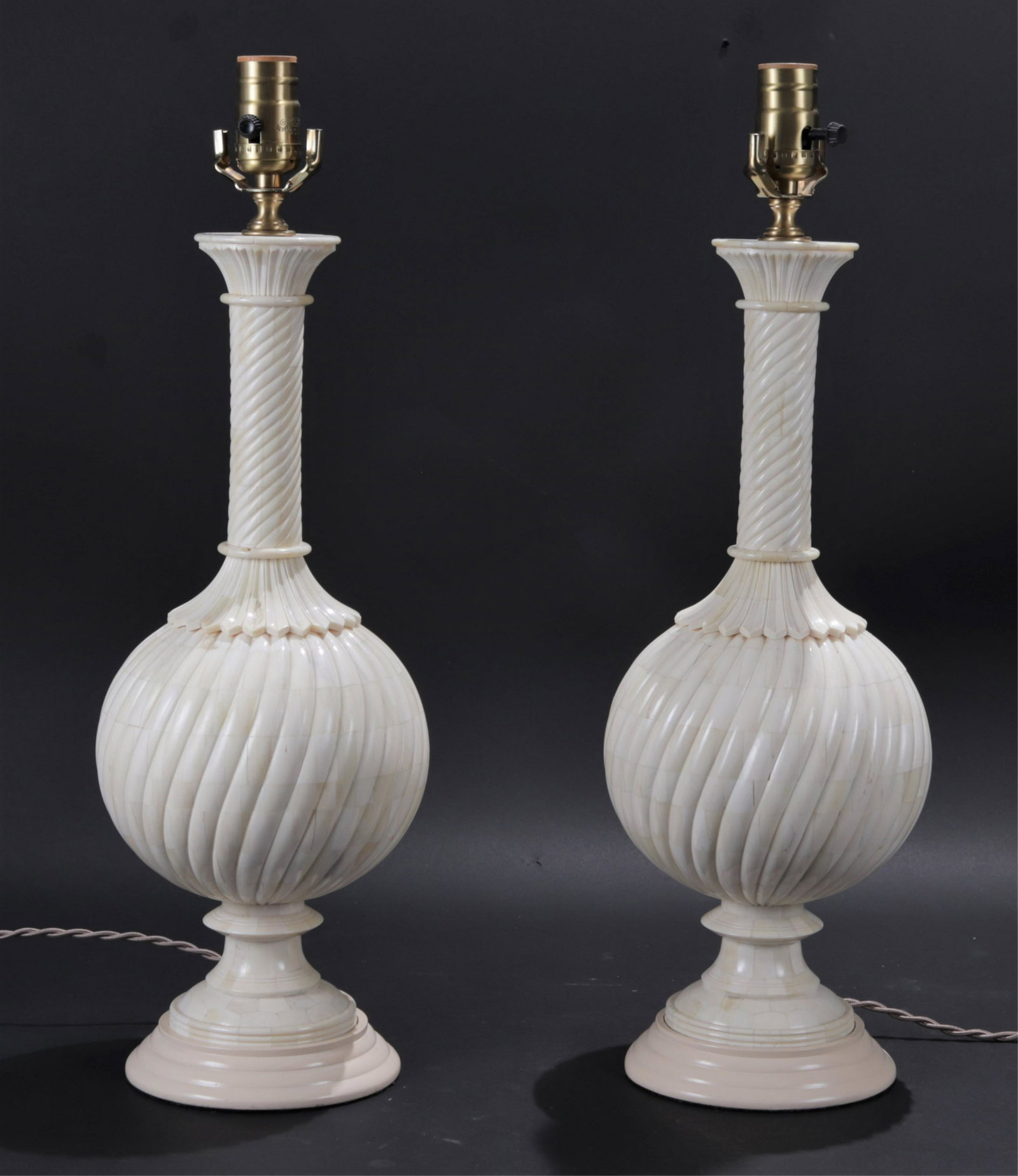 Pr Maitland Smith Style Tessellated Faux Bone Lamps: Pair Maitland Smith Style Tessellated Faux Bone Lamps, circa 1980 Dimensions: 18" H x 7" diam excluding socket Property from a Private Collection, removed from a duplex apartment at 840 Park Avenue (P