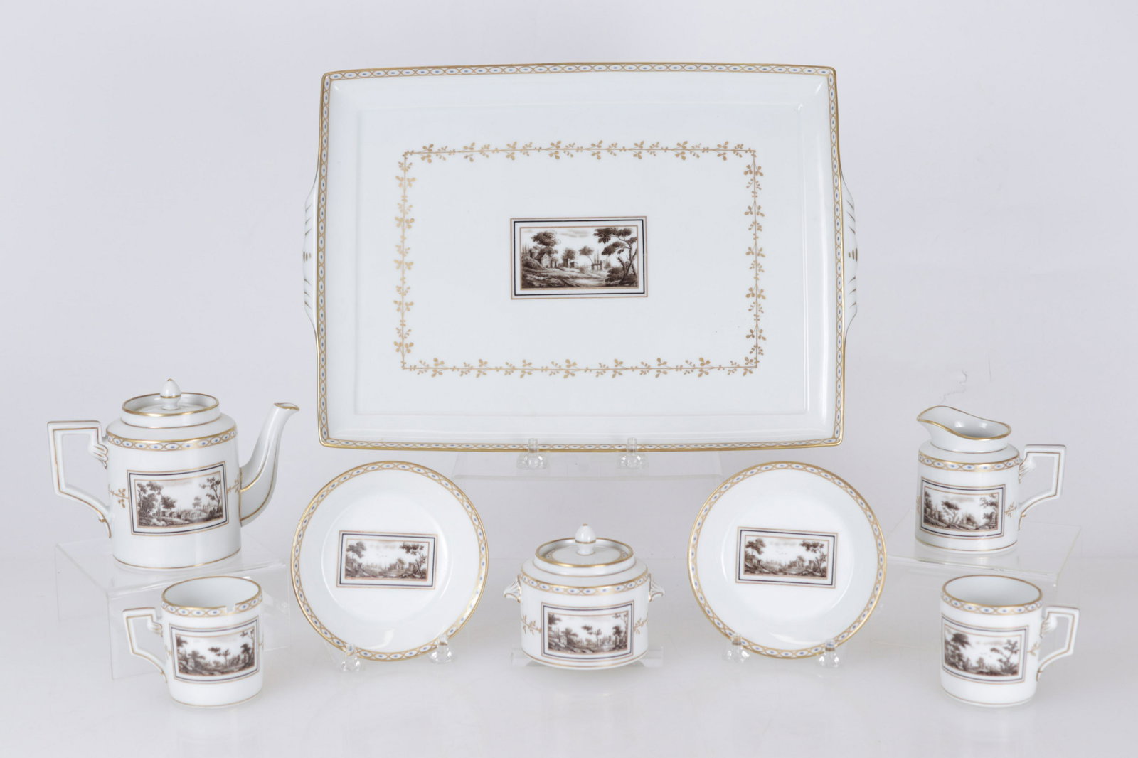 Richard Ginori Porcelain Espresso Service,Tray: Two cups and shallow saucer dishes, creamer and sugar, pot, tray Dimensions: Tray 12.75" x 9 (TTUC336/8)(JP)