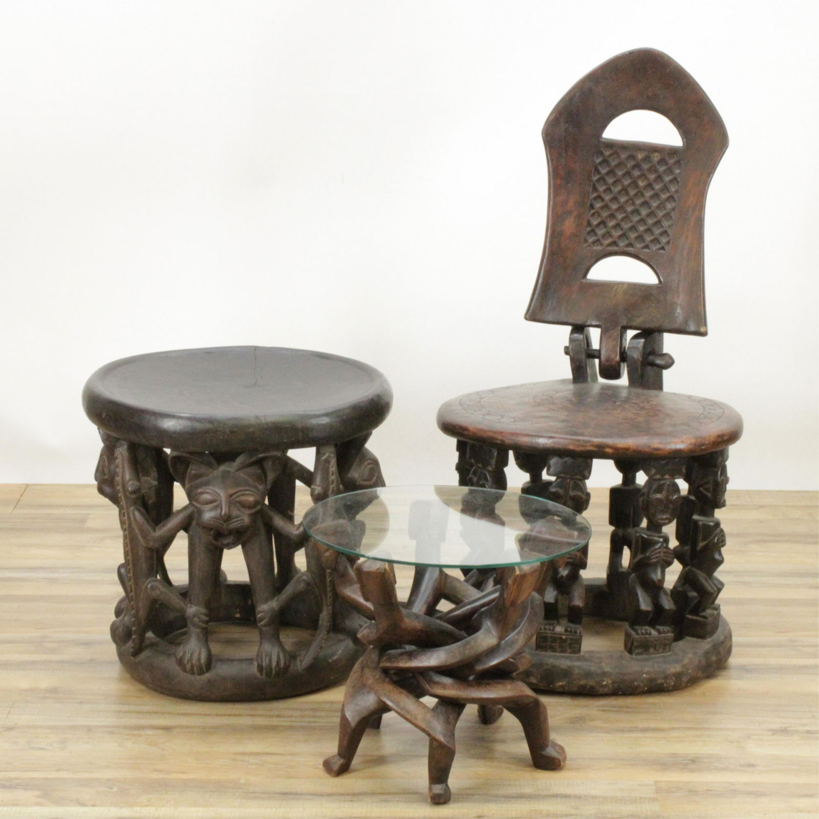African Carved Stool, Chair and Table (1 of 7)