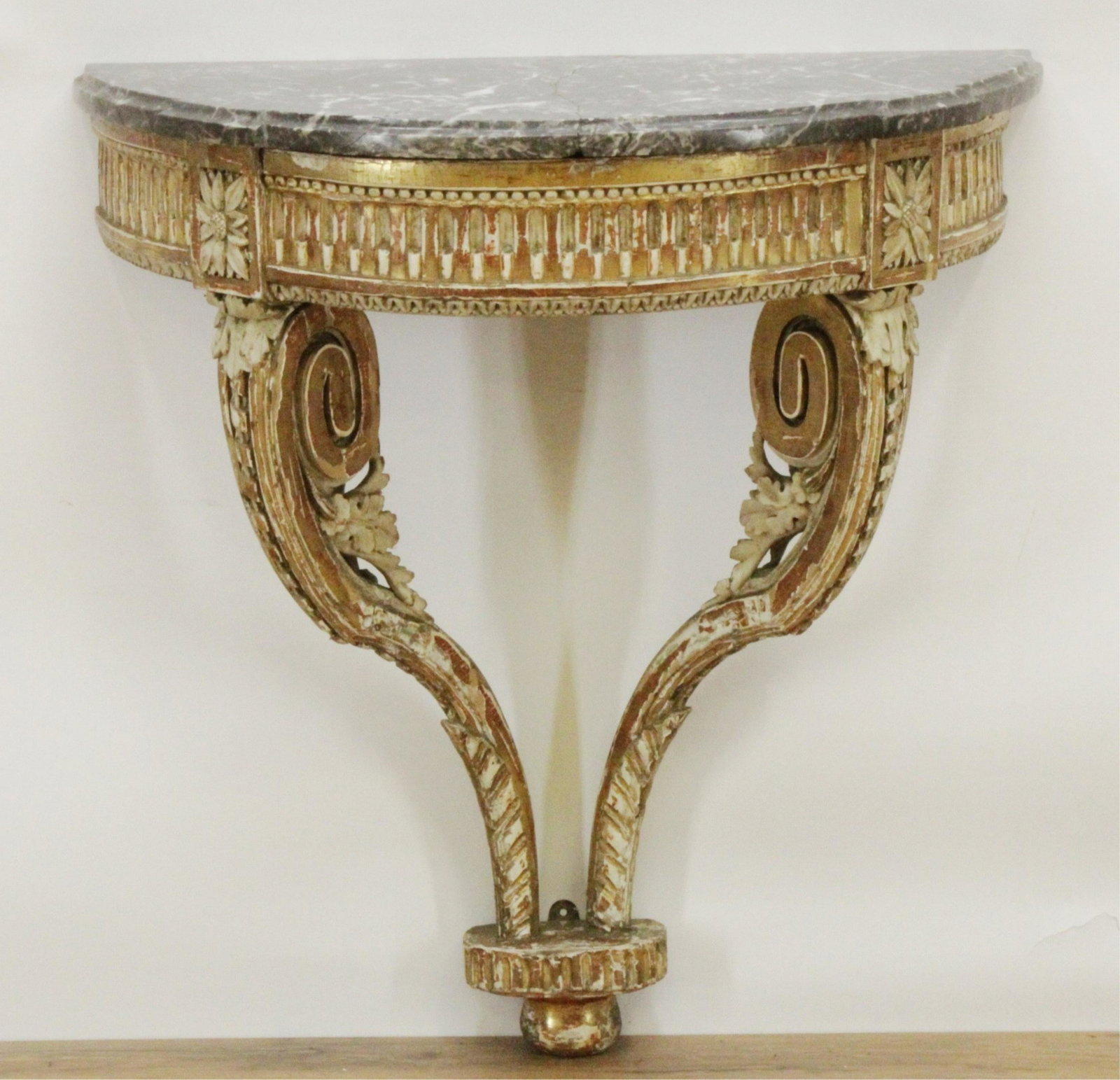 Louis XVI Giltwood Console, Late 18th C.: Louis XVI Giltwood Console, Late 18th C., inventory mark 39281-117 Dimensions: 30" H x 27 1/2" W x 13 1/2" D (MSU87)(MS)
