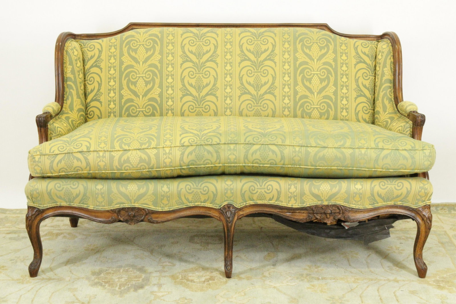 French Provincial Style Upholstered Loveseat: French Provincial Style Carved Wood and Upholstered Loveseat with grey green patterned fabric with gold base Dimensions: 33 1/2"H x 60"W x 33"D (MITK21)(MM)