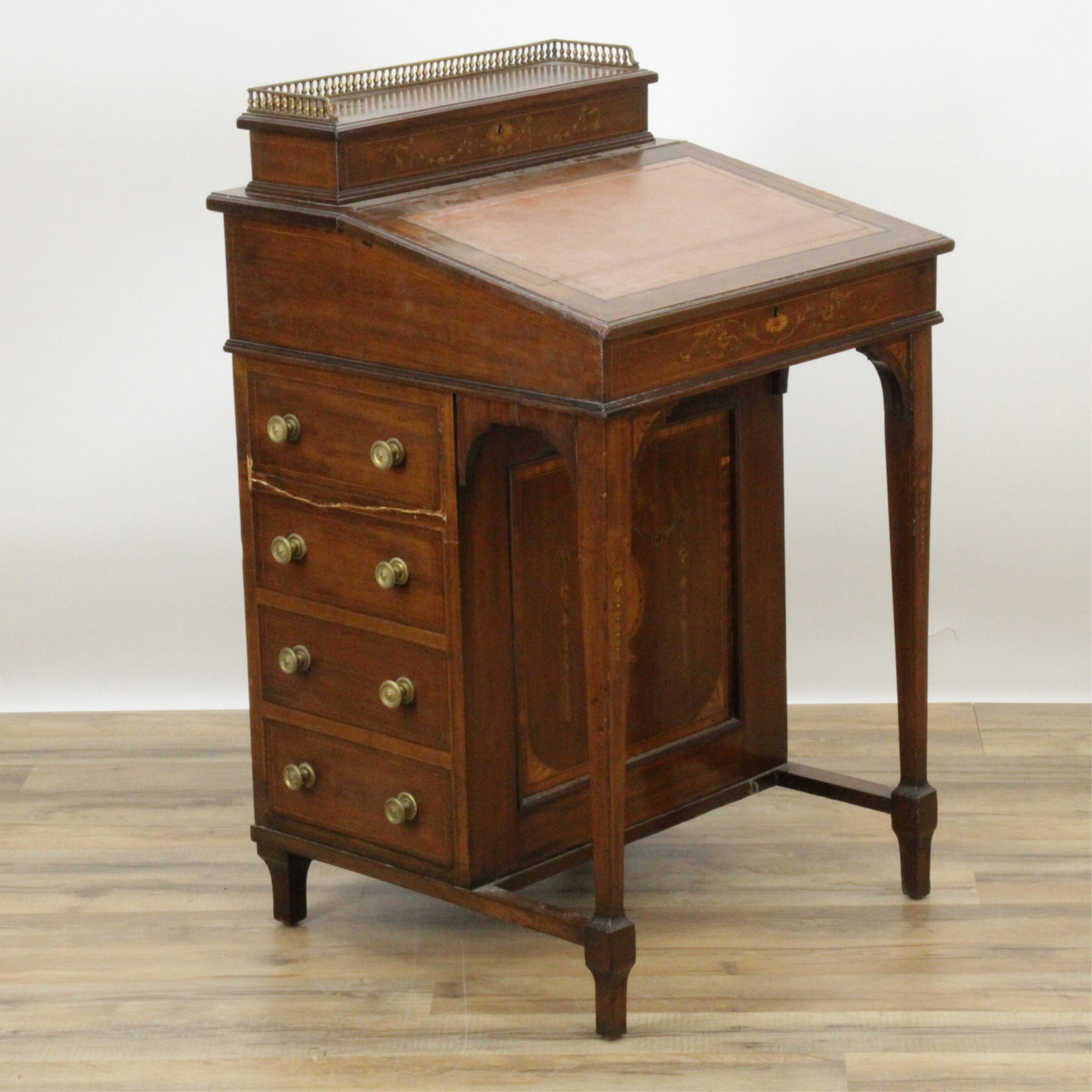 E. 20th C. Edwardian Inlaid Walnut Davenport: Early 20th C., Edwardian Inlaid Walnut Davenport, leather inset on top, probably original, brass pierced gallery Dimensions: 35"H x 21"W x 21 1/2"D (SMOM221)(MM)