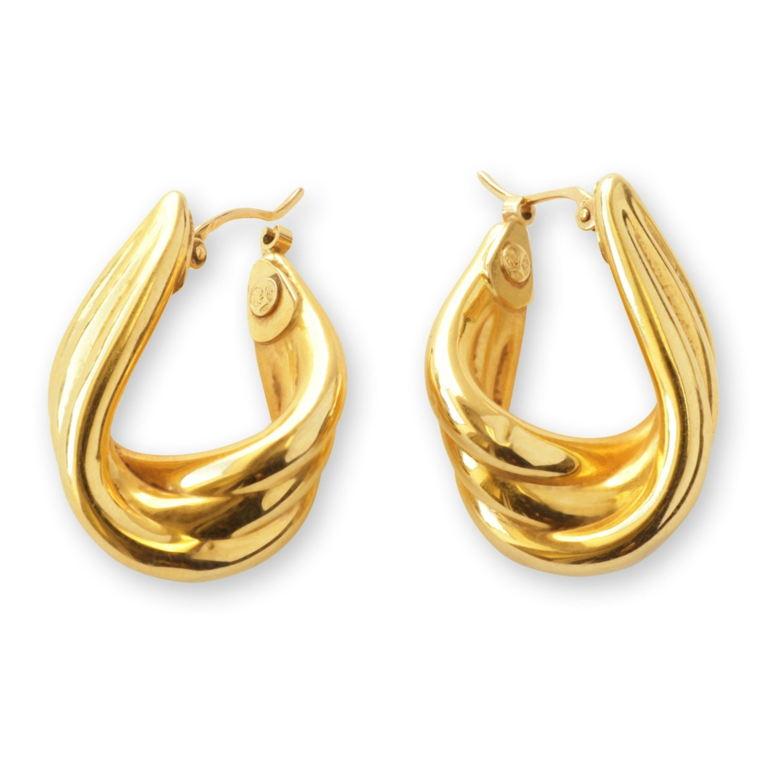 Pair of 18k Yellow Gold Hoop Earrings: A pair of 18k yellow gold swag motif earrings. Stamped with sunburst, 720, and another illegible mark. 3.4 grams. 1" long. Property from the collection of Linda Edelstein, Briarcliff Manor, NY.