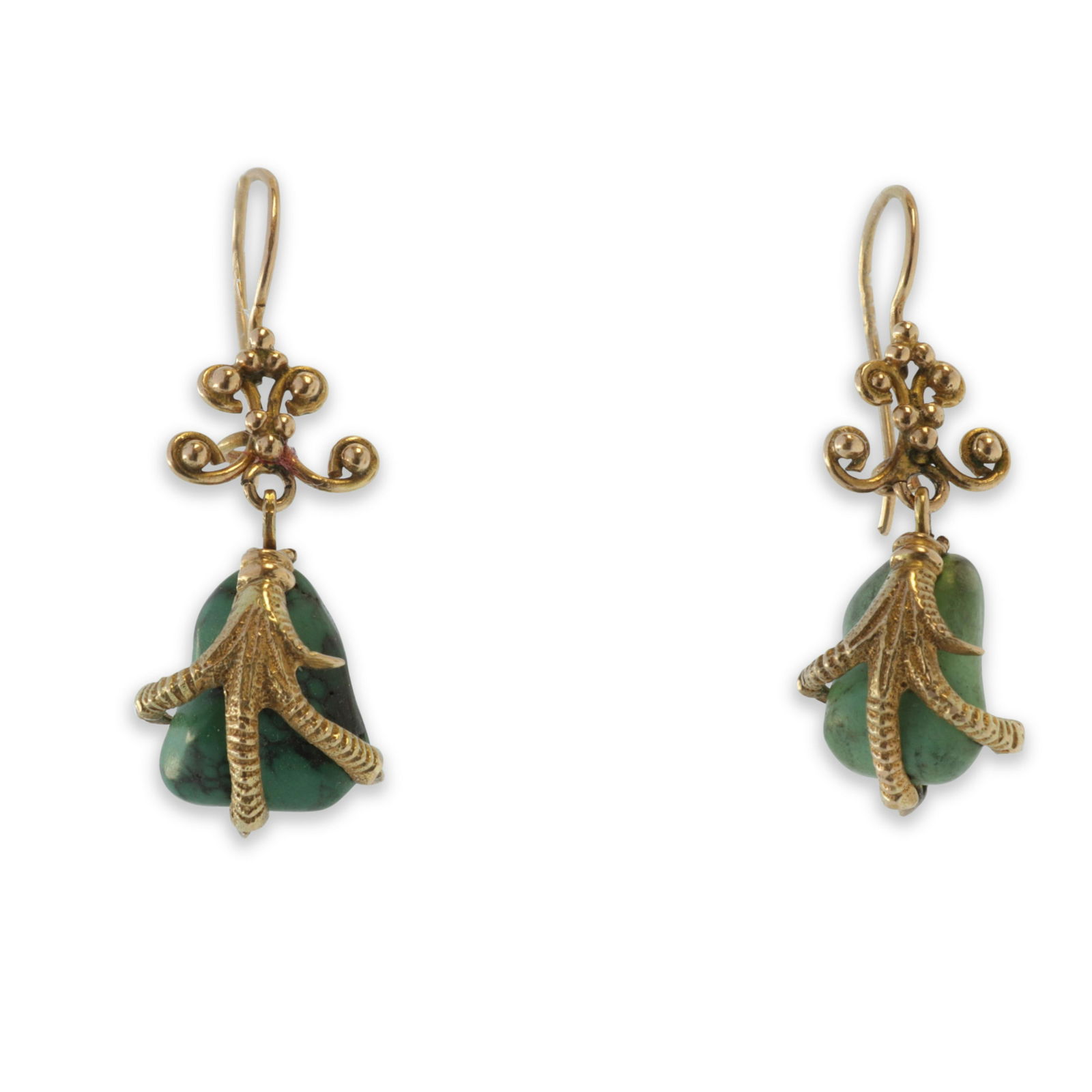 Malachite Claw Drop Earrings: Polished malachite gripped by 14k yellow gold bird's claw drop earrings. Tested for karat. Gross weight of 6.0 grams. 1.5" long x .25" wide Property from an Influential Family, Washington, DC.