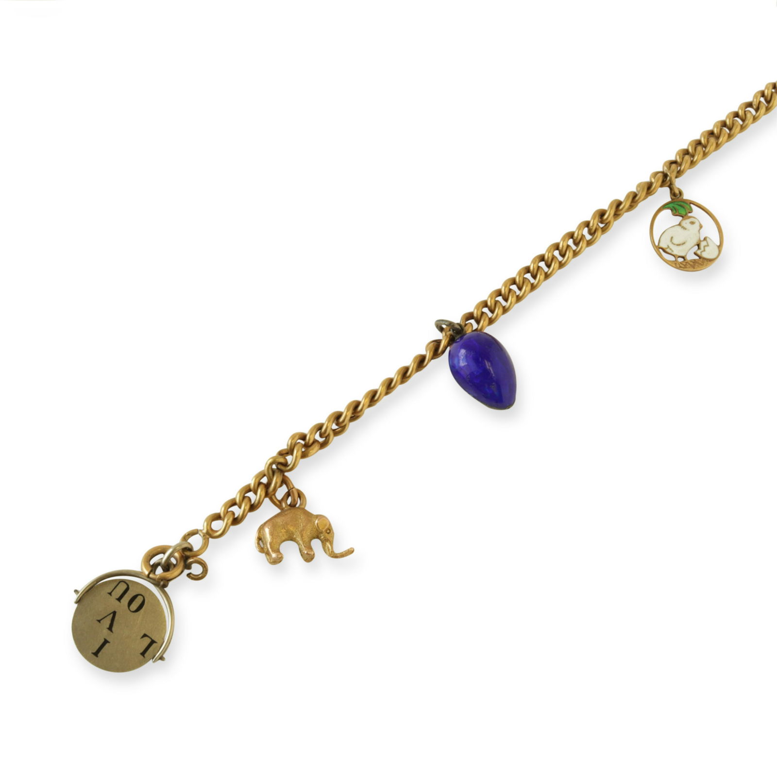 French 18k Gold Charm Bracelet: 18k yellow gold charm bracelet with 14k and enamel bird charm and 14k love you charm. Elephant and egg are not gold. Bracelet with two French assay marks on clasp. Gross weight of 14.0 grams. 6.25" lo