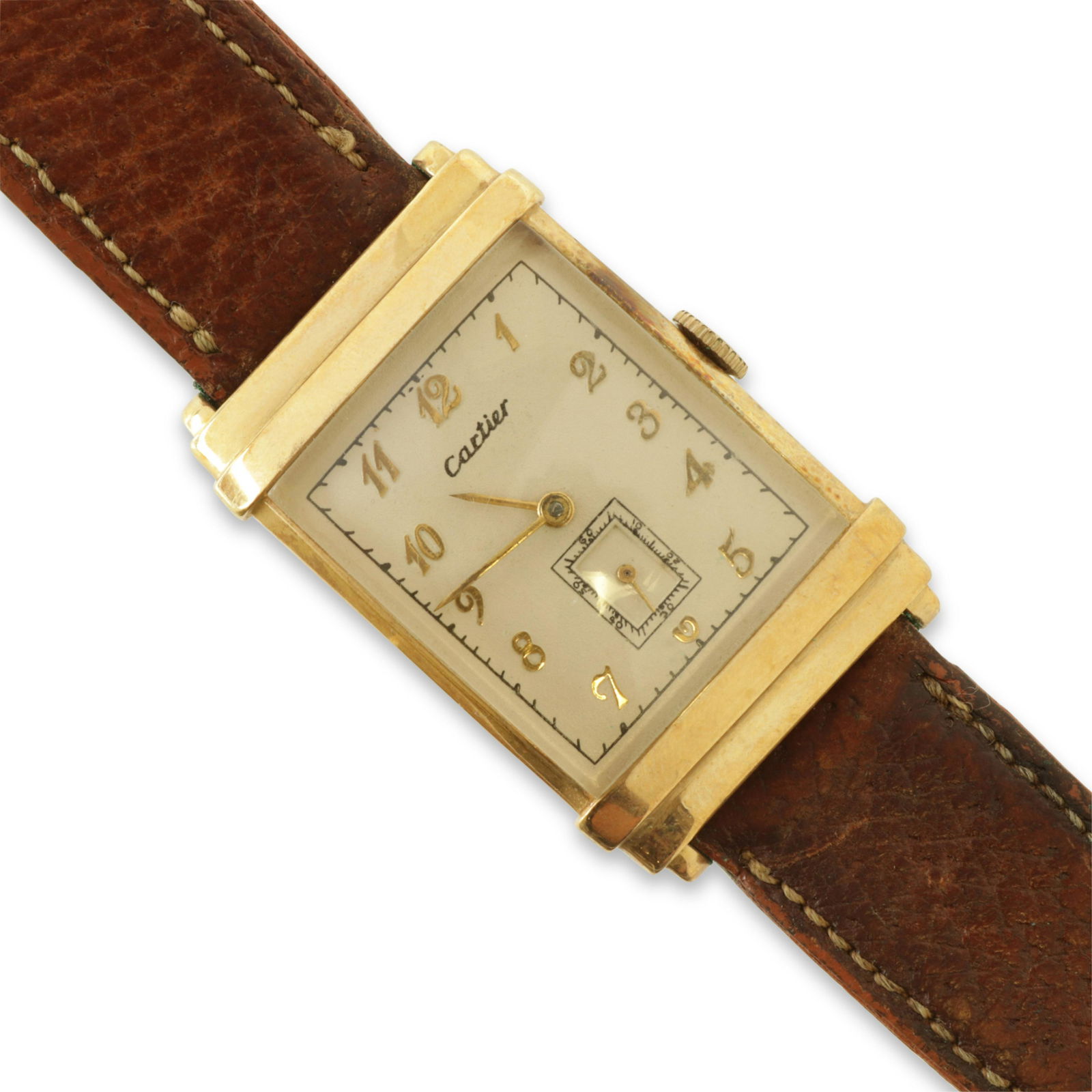 Cartier 14k Yellow Gold Wristwatch: 14k yellow gold 17 jewel manual wind wristwatch, Movado for Cartier. White porcelain dial with gold Arabic numeral, secondary dial, gold tone hands. Back monogrammed JRB. Case 1.75" x 1", lugs 17 mm a