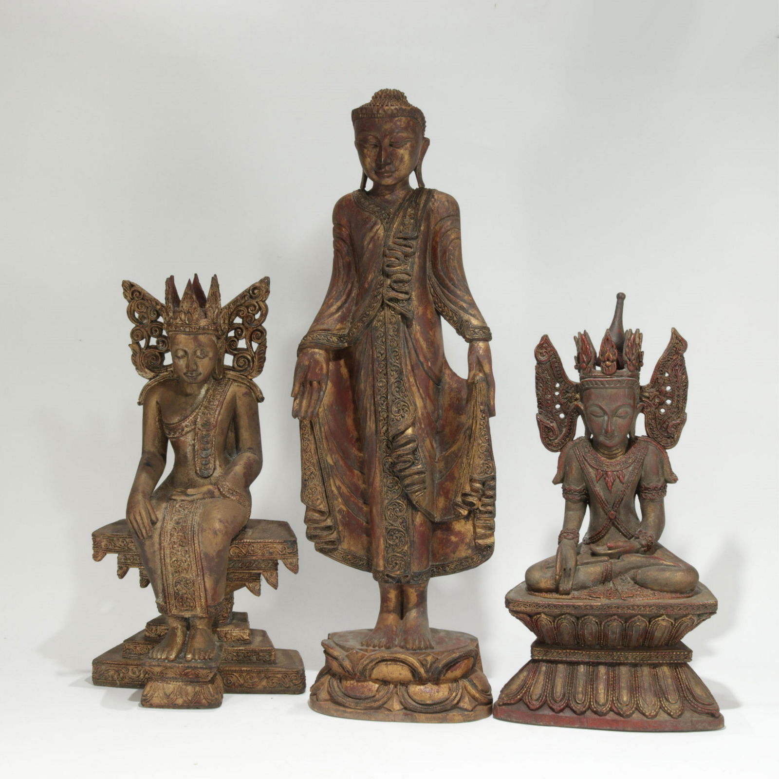 Group Of Three Gilt Wood Burmese Buddhas (1 of 10)