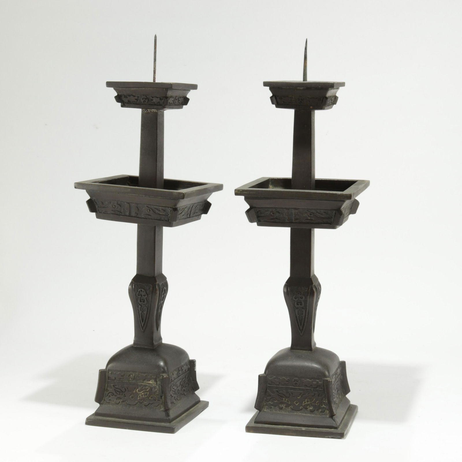 Pair Chinese Archaistic Bronze Candle Prickets (1 of 7)