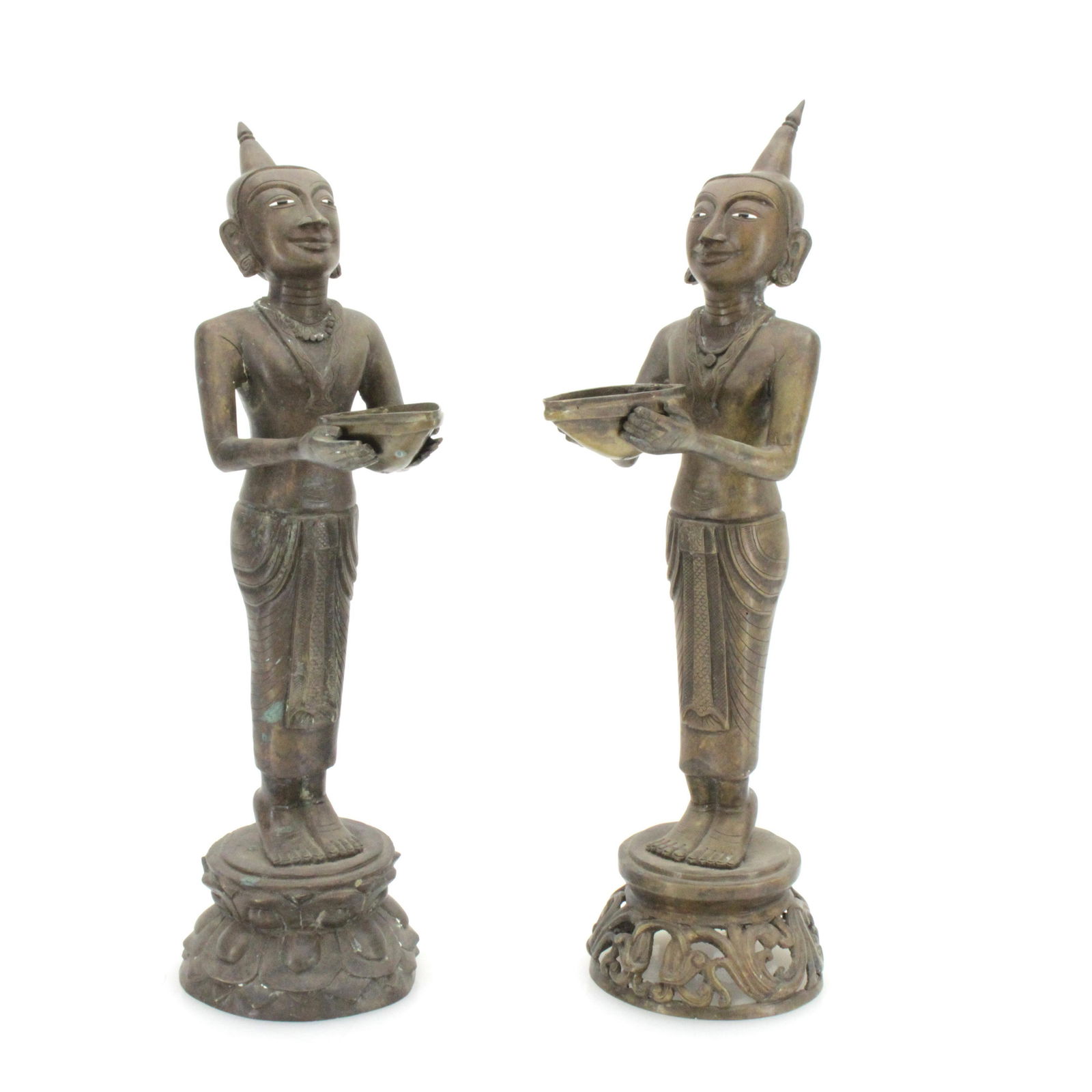 Pair Of Bronze Standing Buddhist Figure Oil Lamps (1 of 7)