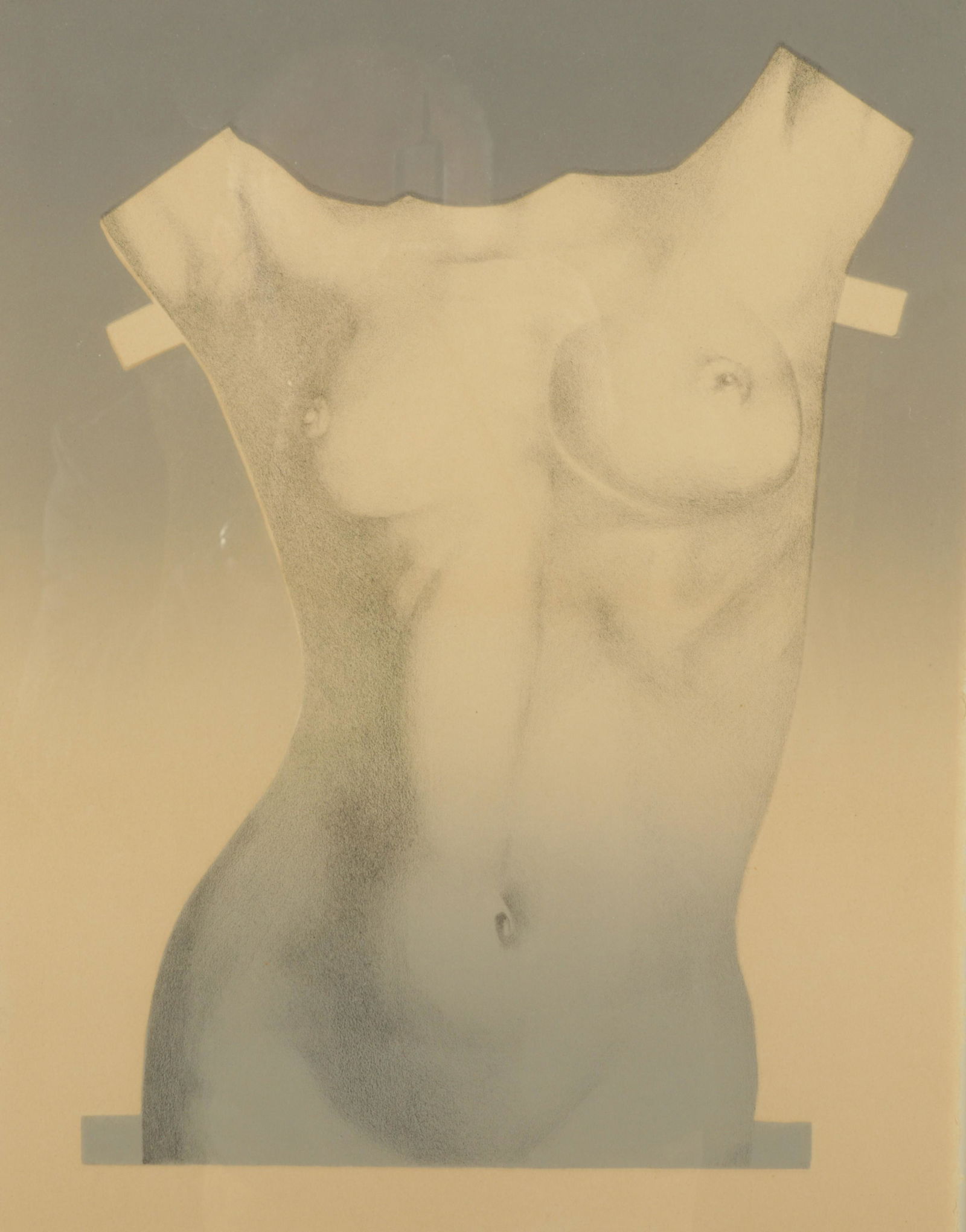 John Ludlow (American 20th C) Nude Torso Print, AP: Holographic effect. On deckle, soft tear edges paper. Raised outline and form impressed from verso ( by stone or similar) with printed image. Signed LR, AP #1 LL in pencil. Floated/suspended over back