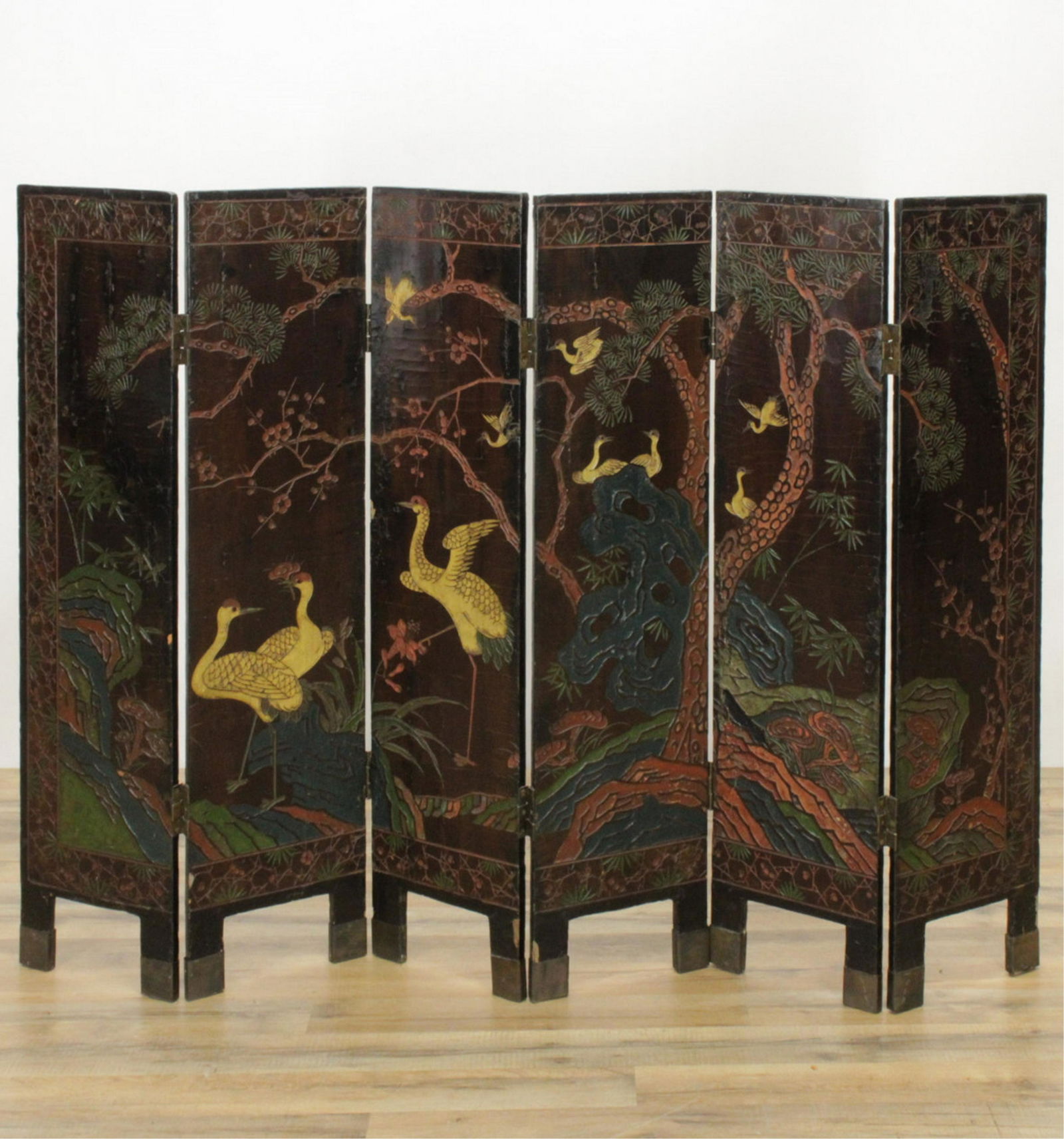 Asian 6-Panel Lacquer Screen Birds & Figures (1 of 5)