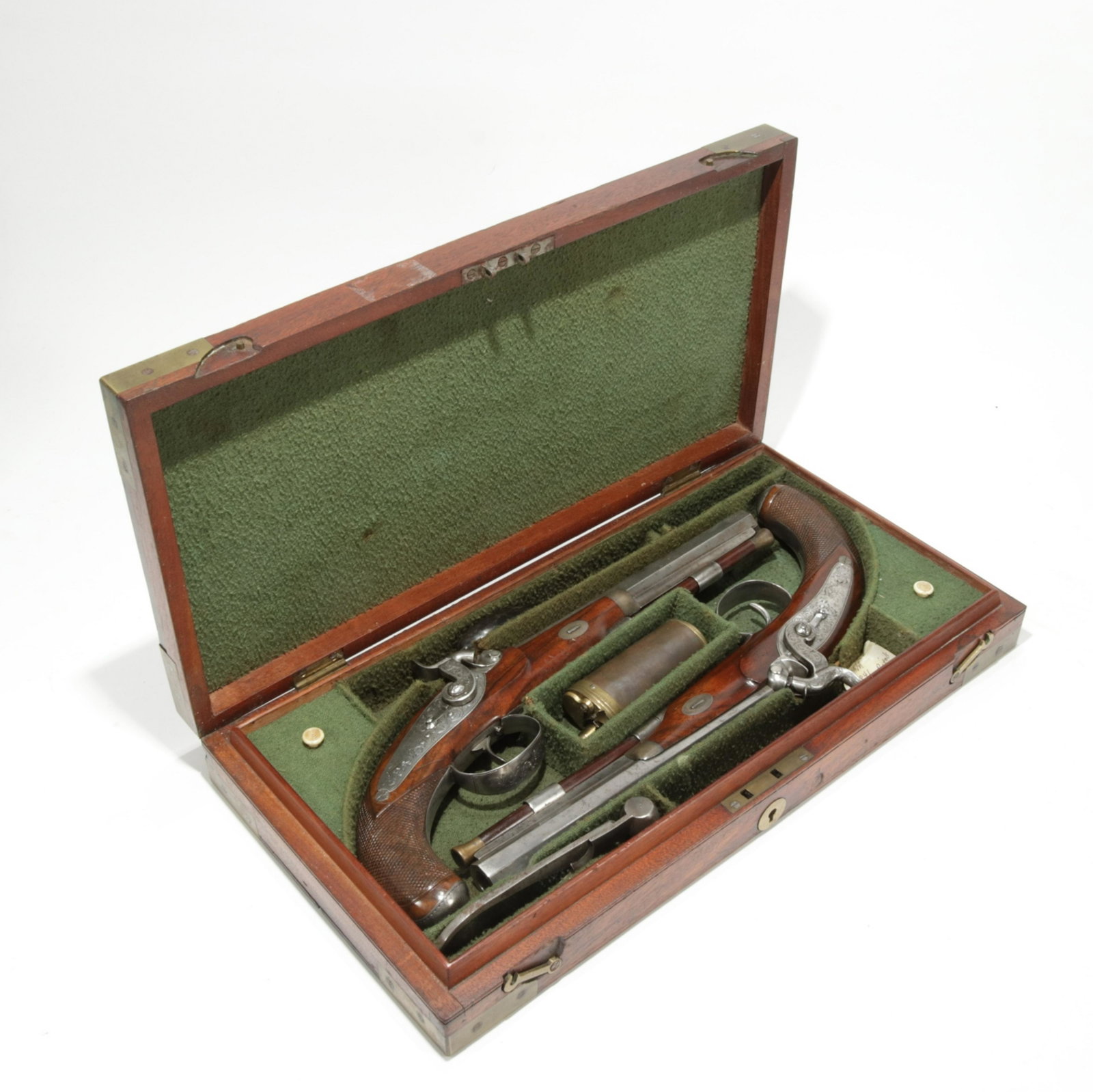 Cased Pistol Set English 1841 Gameson & Co: Cased set of dueling pistols. Includes; ball mold, balls, powder dispenser and percussion caps. Engraving on many parts and checkered grips. Barrel length; 8.25 OA length 13.25. Smooth bore (.475) Bal