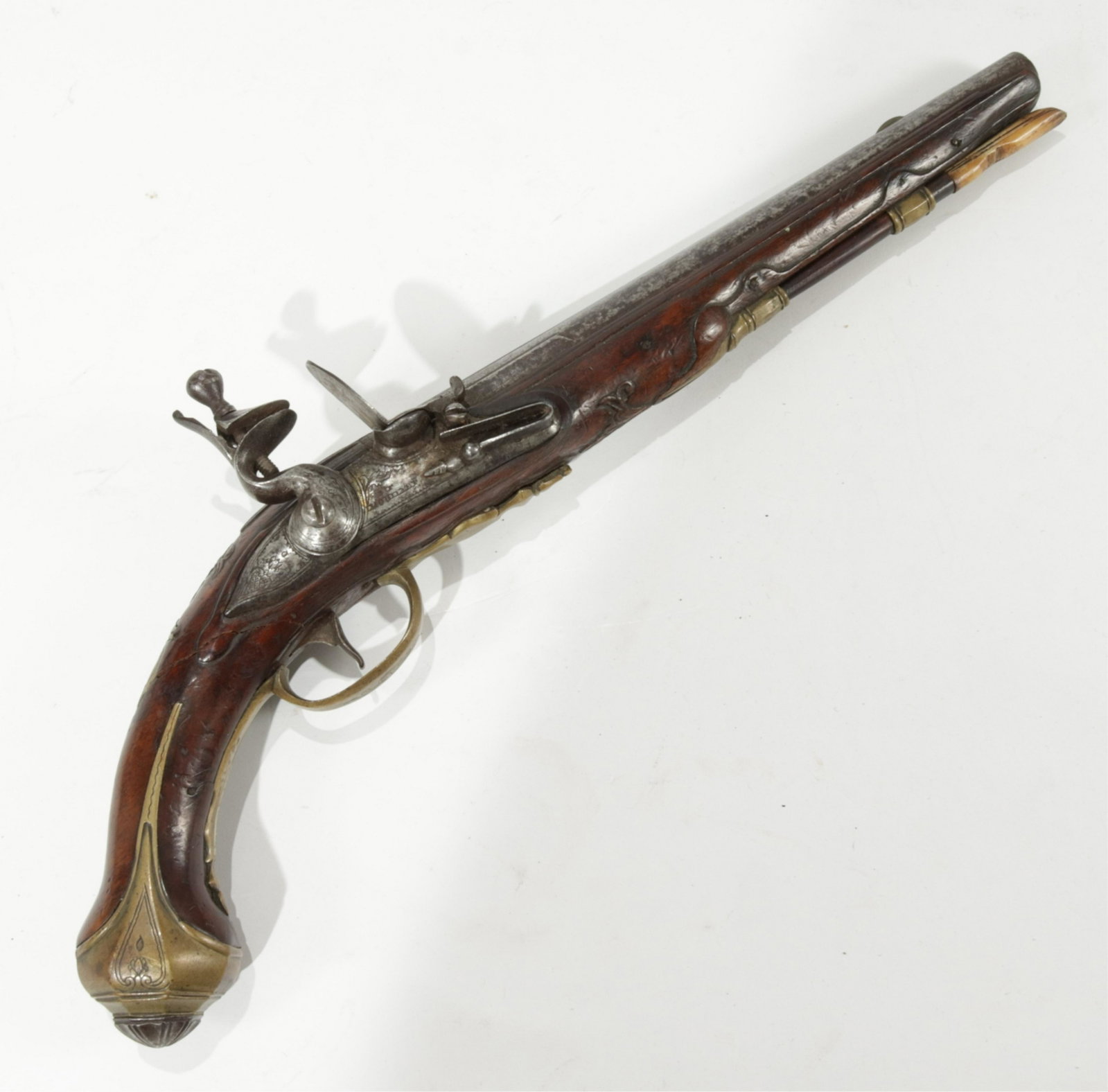 Mouillet Percussion Dueling Pistol: Mouillet flint lock dueling pistol with metal barrel and bronze accents. Antique Display Purposes Only. 16.25 oa length Property from the collection of Linda Edelstein, Briarcliff Manor, NY