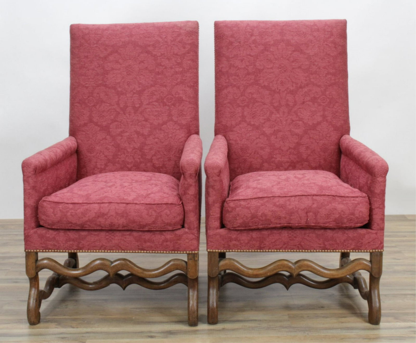 Pair Louis XV Cherry Armchairs, 18th C.: Pair Louis XV Cherry Armchairs, 18th C., upholstered in brass tacked burgundy damask 45 1/2" H x 27" W x 32" D