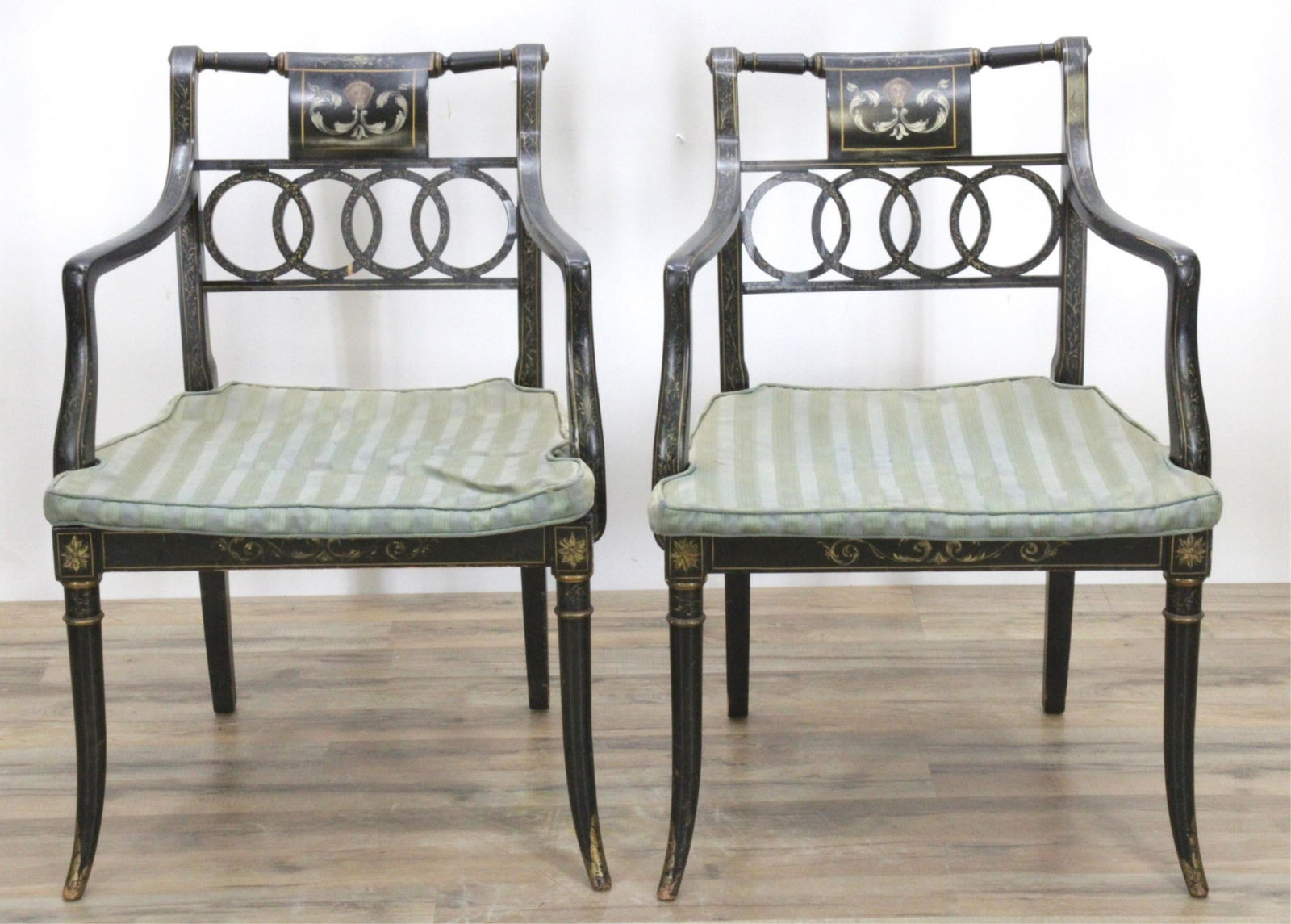 Pair Baker Polychromed Black Painted Armchairs (1 of 13)