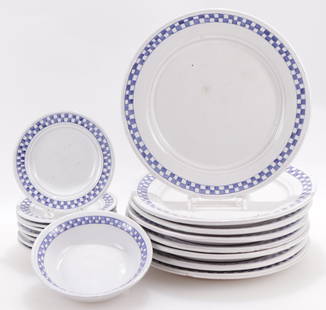 Portuguese Pottery Dinner Set: Portuguese Pottery Dinner Set, blue & white checker border, 8 oversized dinner plate, 8 bread plates & 1 bowlDimensions: 12 1/4" Dia., Bowl 7 1/2" Dia. Shipping is the buyer's responsibility! We