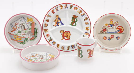 Tiffany & Co. Children's Dinnerware: Tiffany & Co. Children's Dinnerware, comprises: 3 bowls, 6 1/2" Dia.; cup & alphabet plate, 8 1/2" Dia.Dimensions: See description. Shipping is the buyer's responsibility! We recommend obtaining a