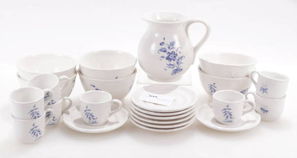 Group Varages Pottery, French: Group Varages Pottery, French, blue & white flowers, 6 bowls, 8 cups, saucer & pitcherDimensions: Bowls 5 1/2" Dia., Pitcher 6" H Shipping is the buyer's responsibility! We recommend obtaining a