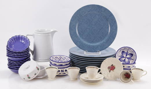 Various Porcelain & Pottery Dinnerware: Lot of Various Porcelain & Pottery Dinnerware, includes 10 white Wedgwood cups & saucers; 12 Pierre Deux blue bowls, 5 1/2" Dia.; 8 blue & white bowls, 5" Dia., and moreDimensions: See description. Sh