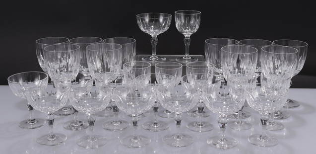 30 Stuart Cut Glass Stemware in 3 Sizes: 30 Stuart Cut Glass Stemware in 3 Sizes, 10 goblets, 6 1/2" H; 8 white wine, 4 3/4" H, one with rim chip; 12 champagnesDimensions: See description. Shipping is the buyer's responsibility! We