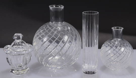 4 Pieces Baccarat Clear Cut Glass: 4 Pieces Baccarat Clear Cut Glass, 3 vases, 1 covered mustard potDimensions: Largest vase 7 1/2" H Shipping is the buyer's responsibility! We recommend obtaining a quote from a third party shipper pri