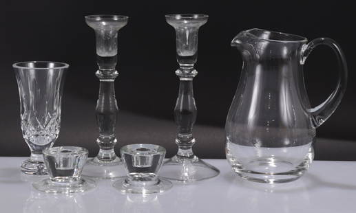 Waterford Cut Glass Vase & 5 Pieces Clear Glass: Waterford Cut Glass Vase & 5 Pieces Clear Glass, includes 4 candlesticks and a pitcherDimensions: Waterford 7" H, Tallest sticks 10 1/4" H Shipping is the buyer's responsibility! We recommend