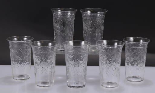 7 Cut Glass Tumblers: 7 Cut Glass Tumblers, floral patternDimensions: 5" H Shipping is the buyer's responsibility! We recommend obtaining a quote from a third party shipper prior to bidding