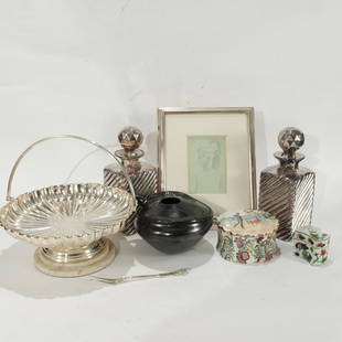 Mixed Lot; drawing, silverplate, pottery: Mixed Lot, contains pencil drawing, 4 silverplate pieces, 2 Asian boxes, marble base and a Mata Ortiz lizard burnished pottery bowl by Olivia Dominguez Renteria, signedDimensions: Bowl 4 1/2" H x 5 1/