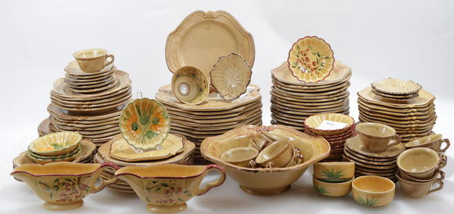 Large French Pottery Dinner Service: Large French Pottery Dinner Service, mostly marked "Faience Provencale du Poet-Laval, France", largely in one brown/tan pattern of approx. 100 pcs., and 24 pieces with floral or leaf decorationDimensi