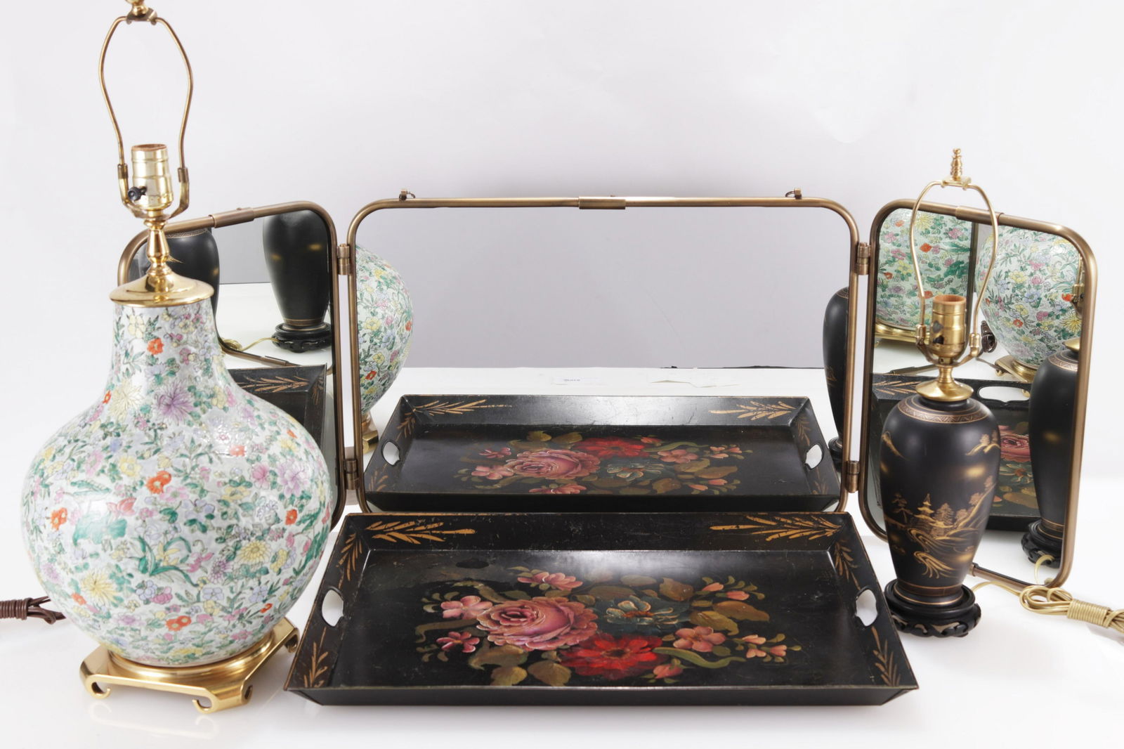 Four Items; Asian lamps, mirror, tray (1 of 4)