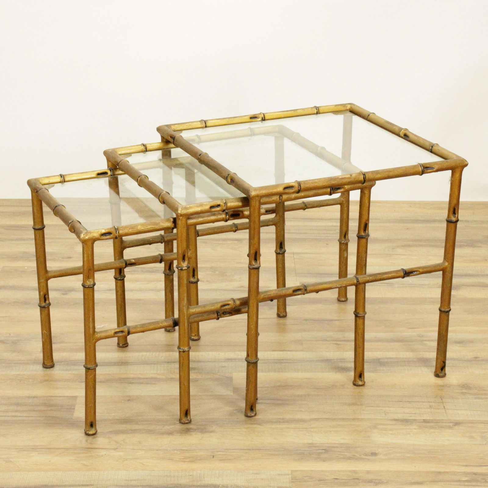 Nest of 3 Gold Painted Tole Faux Bamboo Tables (1 of 2)