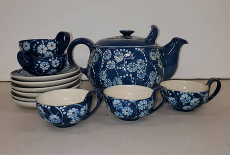 Nils Kahler Large Teapot, 5 Cups and 6 Saucers: Nils Kahler 1906-1979, DenmarkDimensions: 7" High X 13" Wide - Teapot 6" Diameter- Saucers 4" Diameter - Cups Shipping is the buyer's responsibility! We recommend obtaining a quote from a third party