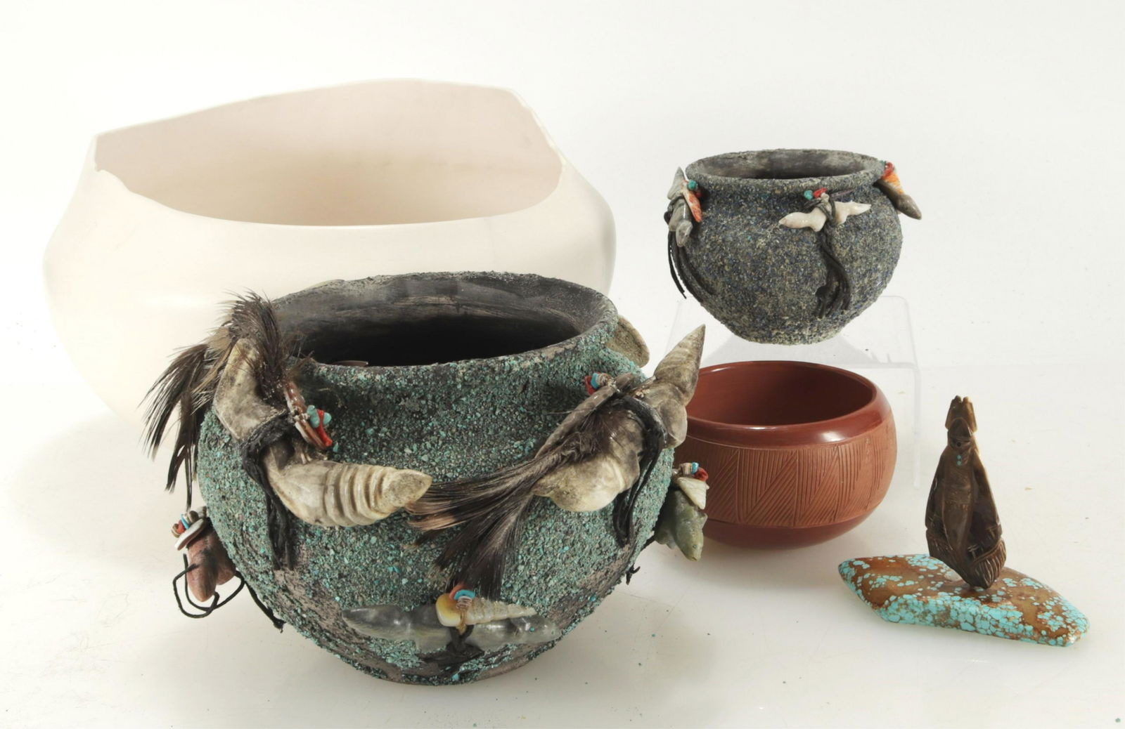 4 Indian Ceramic Bowls, 2 Stone Carvings (1 of 7)