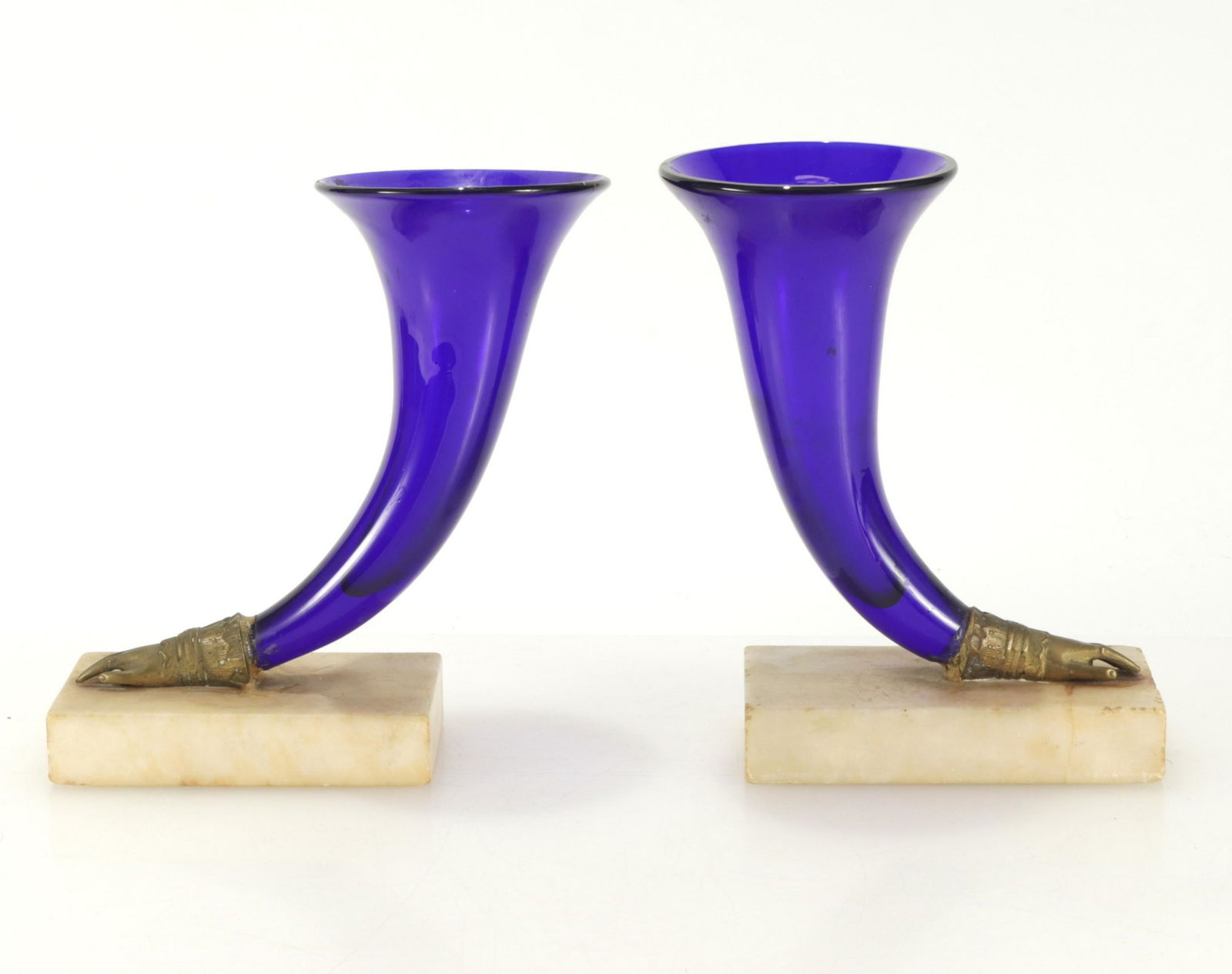 Pr Victorian Cobalt Glass/Brass Cornucopia Vases (1 of 4)